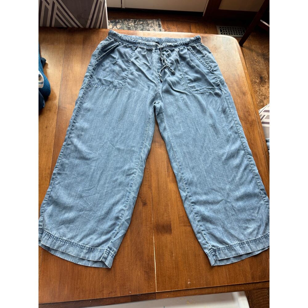 Soft Splendid Large Light Blue Chambray Wide Leg Cropped Pants Drawstring